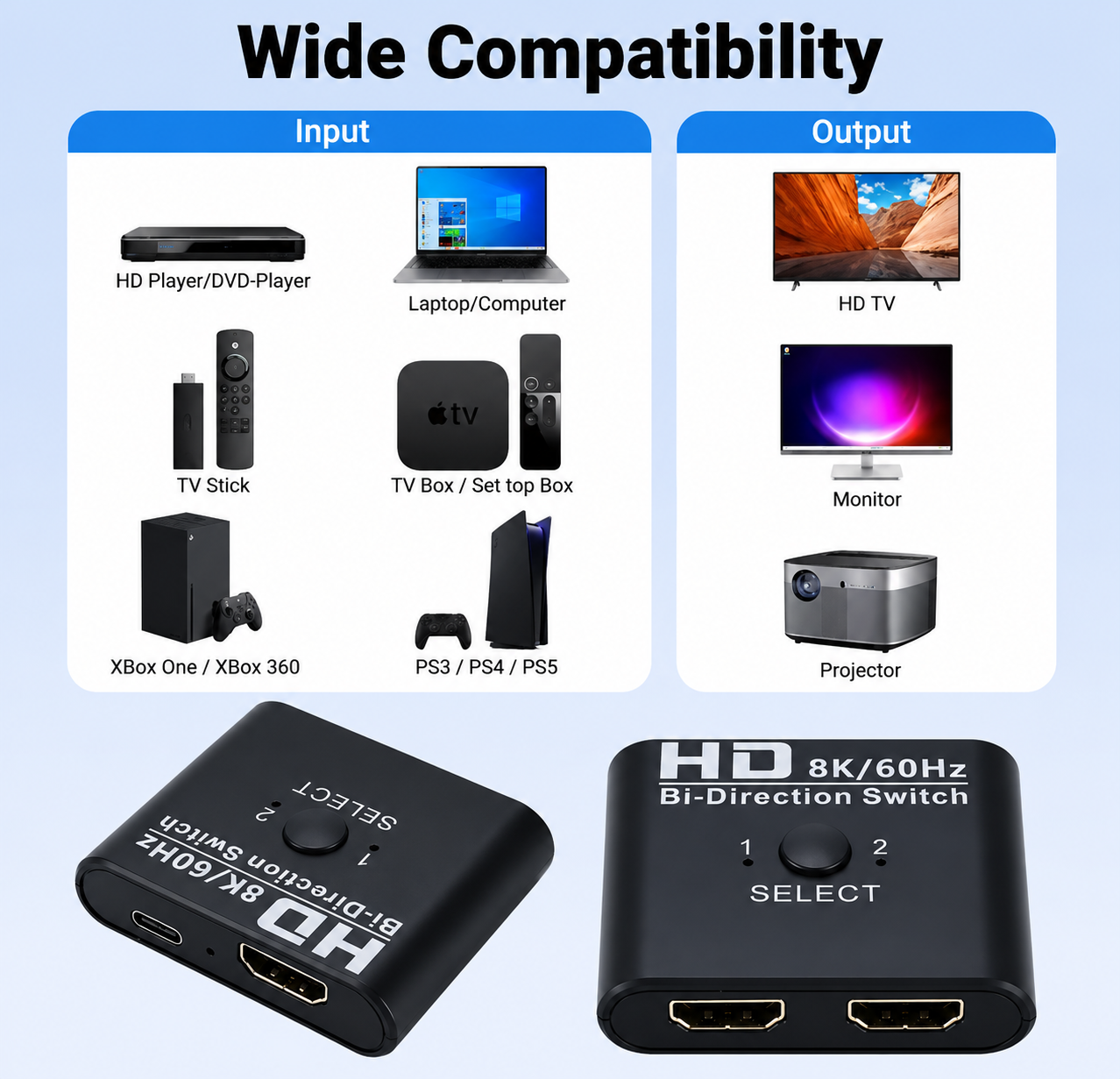 8K 60Hz HDMI Switch Splitter Bi-Direction 4K 60Hz HDMI Switcher 1x2/2x1 For PC Laptop Xbox PS3/4 to Monitor Projector - Image 5